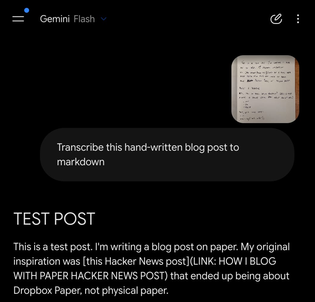 Gemini web app showing a successful transcription of my test post, with Gemini Flash.