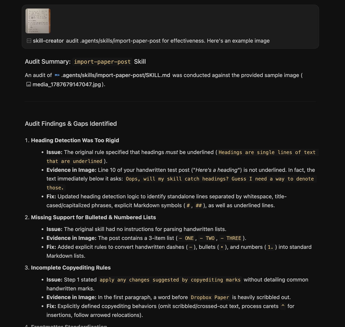 Antigravity screenshot showing the results of the skill-creator skill.