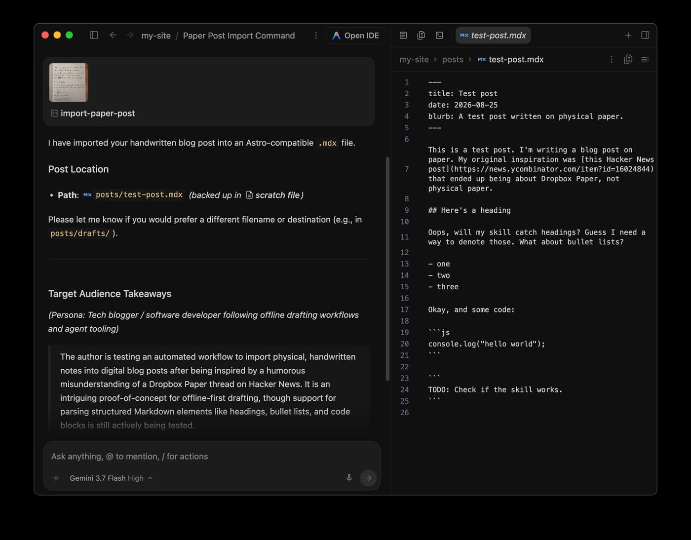 Antigravity screenshot showing a well-transcribed post, with the markdown on the side.