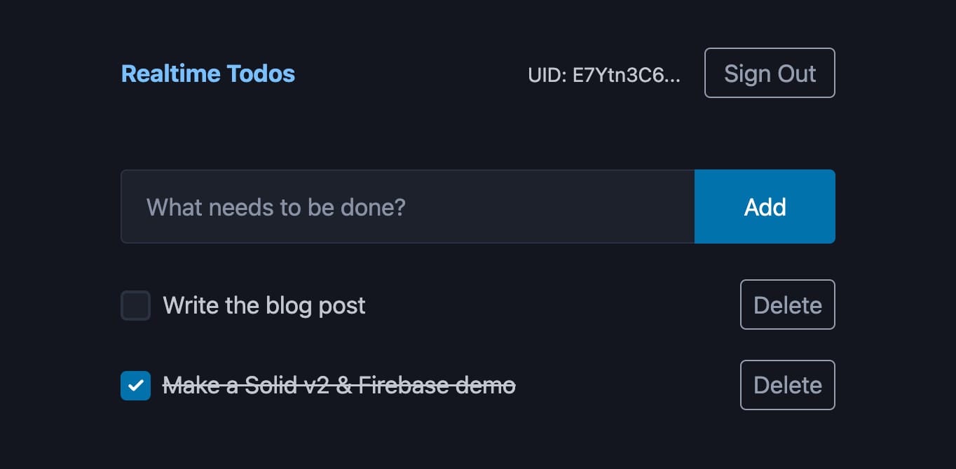 Screenshot of the Firestore to-do list app built with Solid v2.